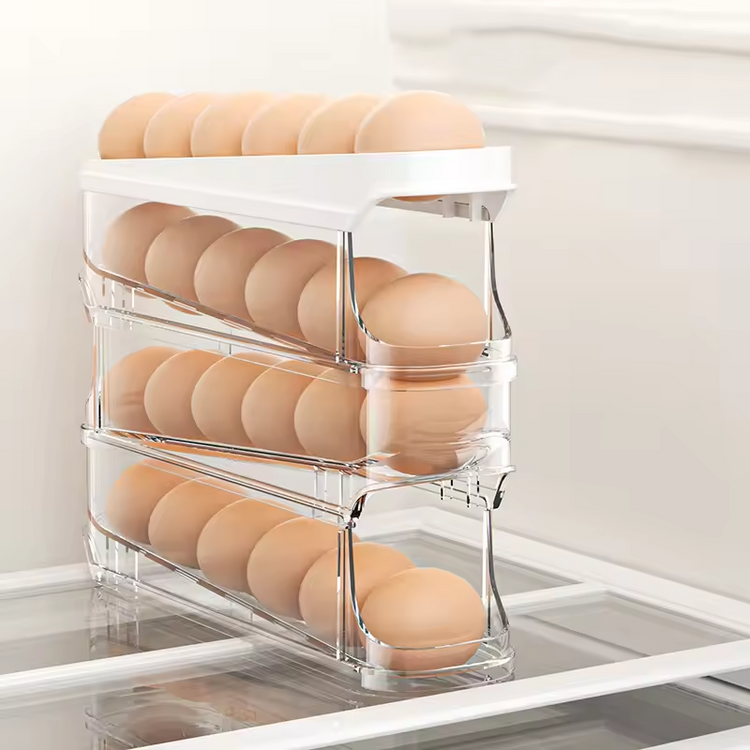 4-Tier Auto Rolling Egg Dispenser – Clear Fridge Organizer for Eggs