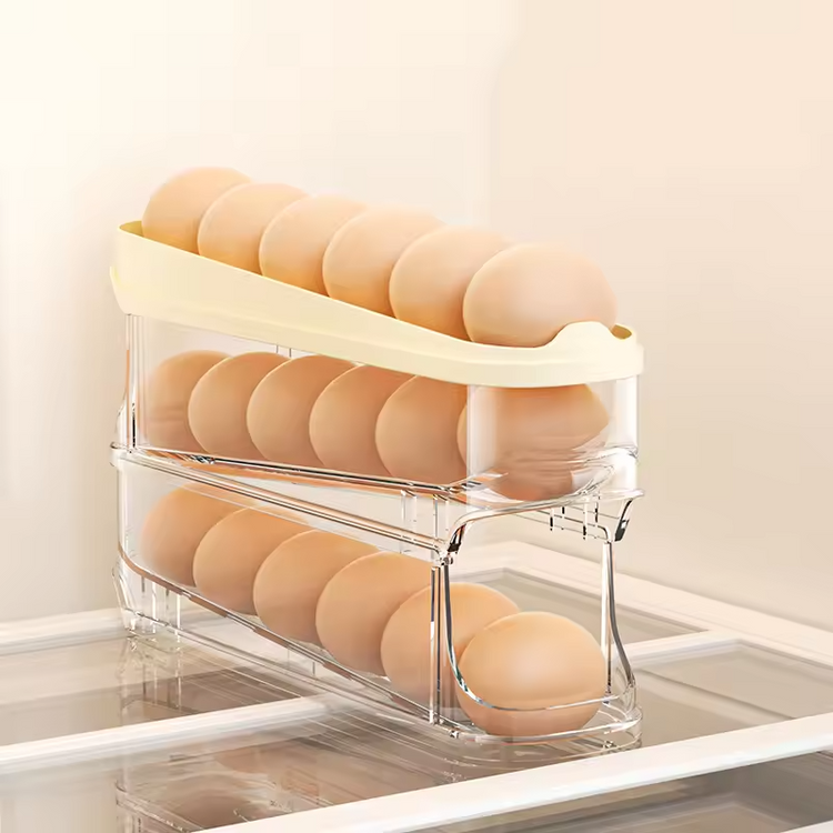 4-Tier Auto Rolling Egg Dispenser – Clear Fridge Organizer for Eggs