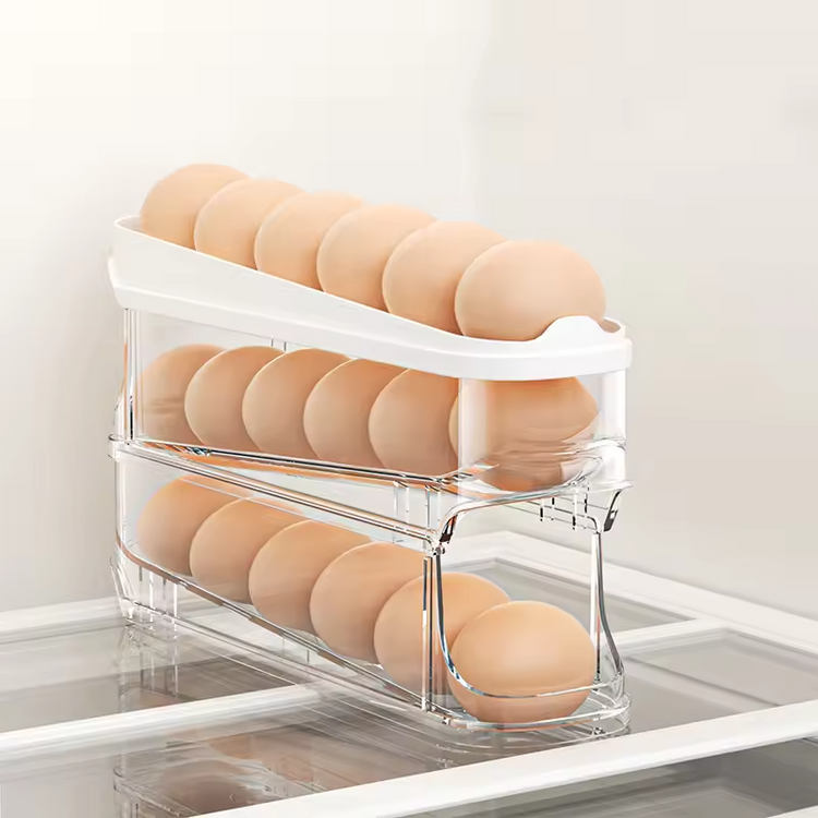 4-Tier Auto Rolling Egg Dispenser – Clear Fridge Organizer for Eggs