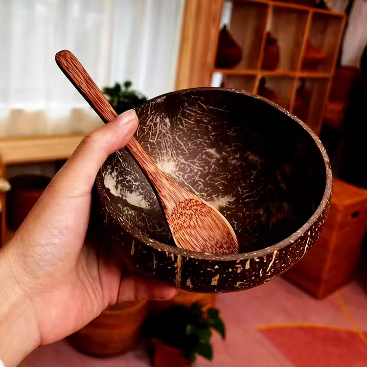 Natural Coconut Bowl & Wooden Spoon Set for Salad & Ramen