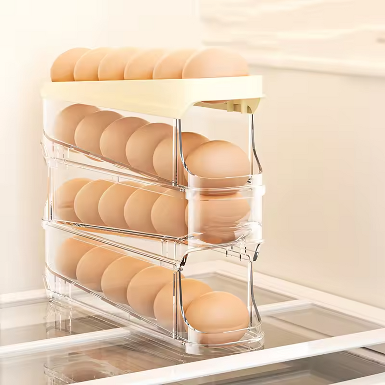 4-Tier Auto Rolling Egg Dispenser – Clear Fridge Organizer for Eggs