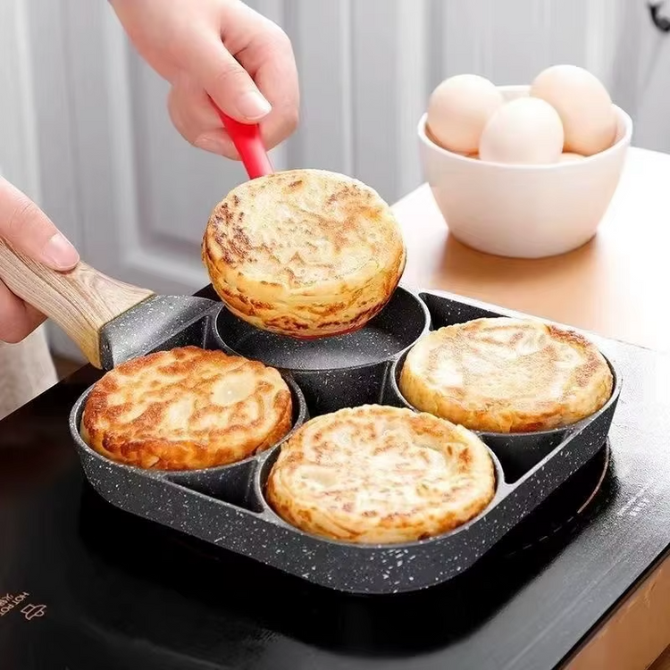 Non-Stick 4-Hole Frying Pan: Omelet, Egg, Pancake, Burger Maker with Wooden Handle