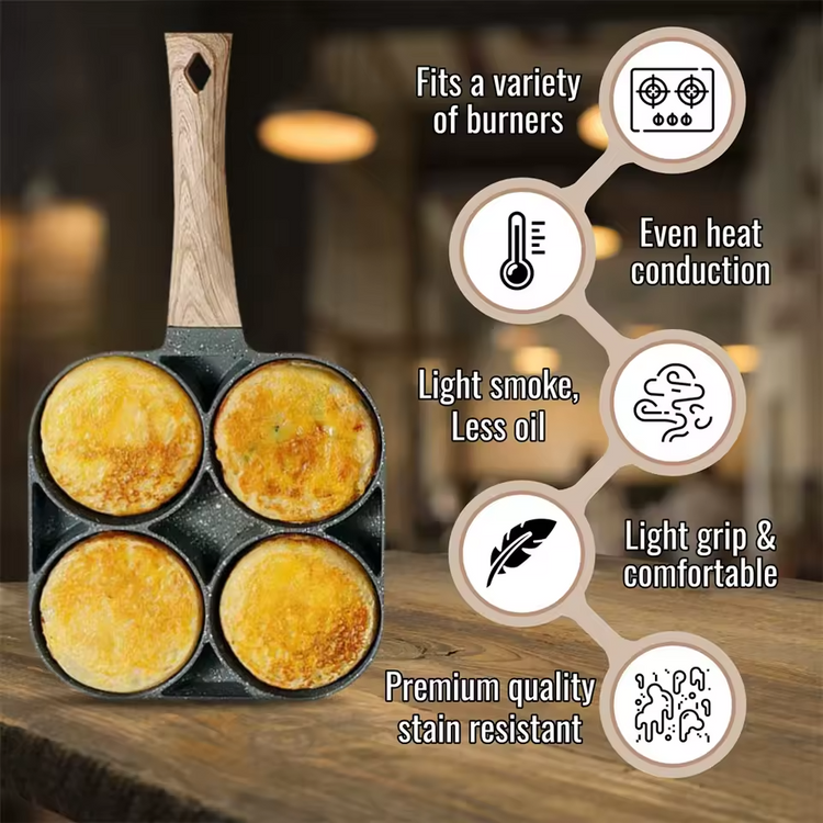 Poêle antiadhésive à 4 trous : pour omelettes, œufs, crêpes, hamburgers avec manche en bois