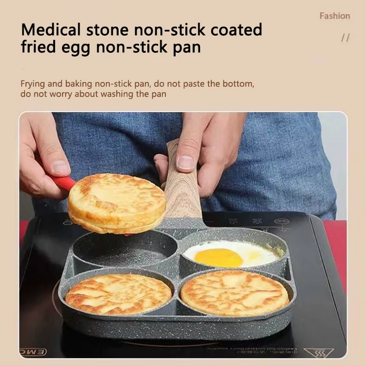 Non-Stick 4-Hole Frying Pan: Omelet, Egg, Pancake, Burger Maker with Wooden Handle