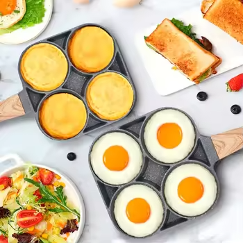 Non-Stick 4-Hole Frying Pan: Omelet, Egg, Pancake, Burger Maker with Wooden Handle