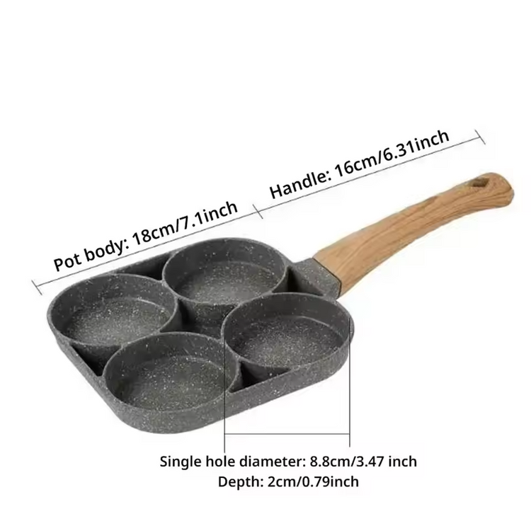 Non-Stick 4-Hole Frying Pan: Omelet, Egg, Pancake, Burger Maker with Wooden Handle