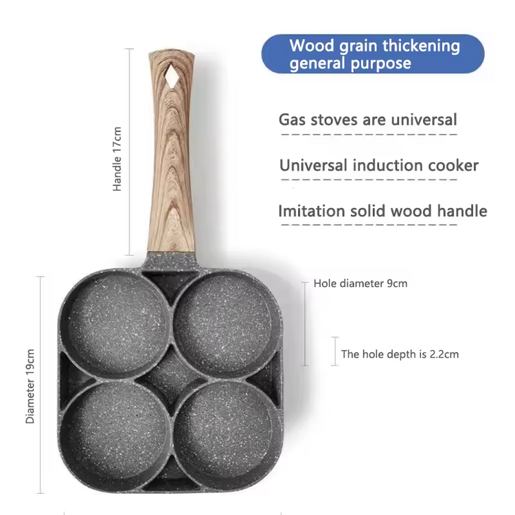 Non-Stick 4-Hole Frying Pan: Omelet, Egg, Pancake, Burger Maker with Wooden Handle